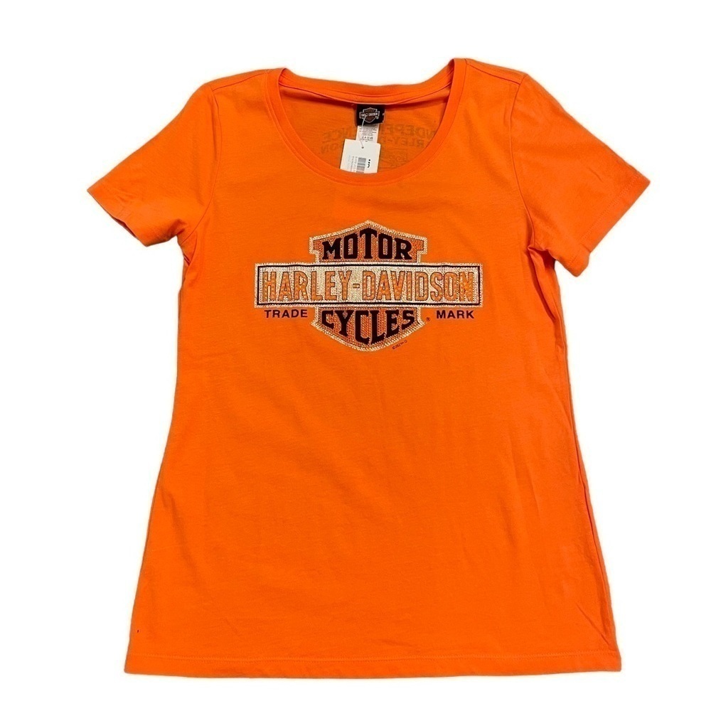 Harley Davidson Orange Short Sleeve Crew Neck T-shirt With Rhinestone Logo. Med.